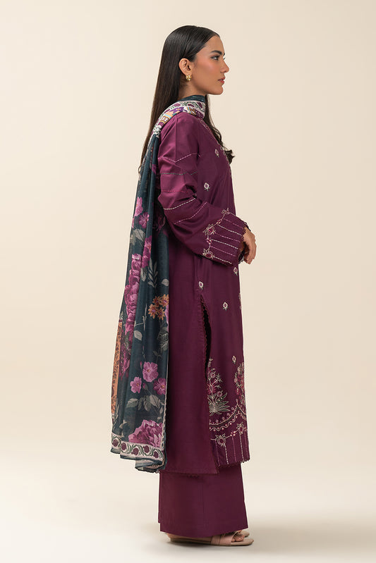 3 PIECE EMBROIDERED LAWN SUIT-PLUM JEWEL (UNSTITCHED)