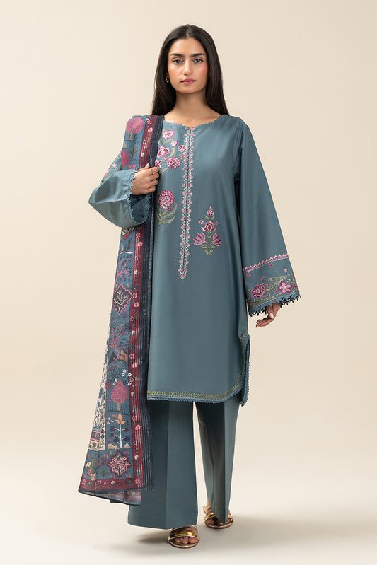 3 PIECE EMBROIDERED LAWN SUIT-ARCTIC BLUE (UNSTITCHED)