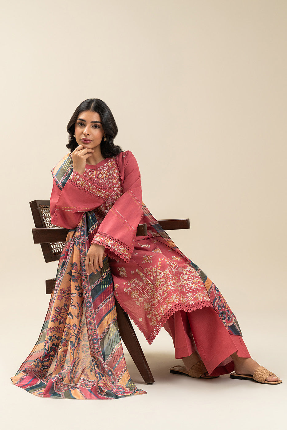 3 PIECE EMBROIDERED LAWN SUIT-CORAL CRANBERRY (UNSTITCHED)