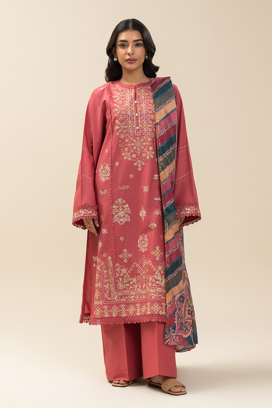 3 PIECE EMBROIDERED LAWN SUIT-CORAL CRANBERRY (UNSTITCHED)