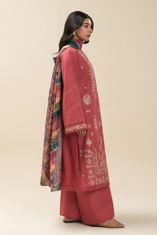 3 PIECE EMBROIDERED LAWN SUIT-CORAL CRANBERRY (UNSTITCHED)