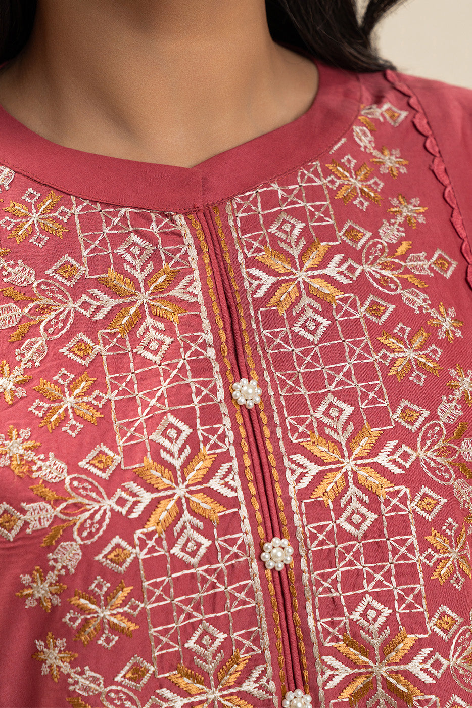 3 PIECE EMBROIDERED LAWN SUIT-CORAL CRANBERRY (UNSTITCHED)