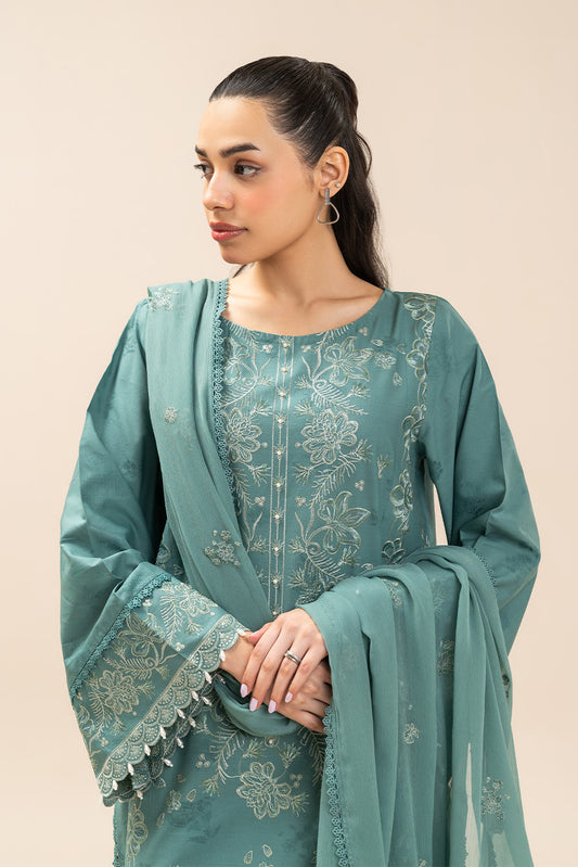 3 PIECE EMBROIDERED SELF JACQUARD SUIT-OCEAN SILVER (UNSTITCHED)