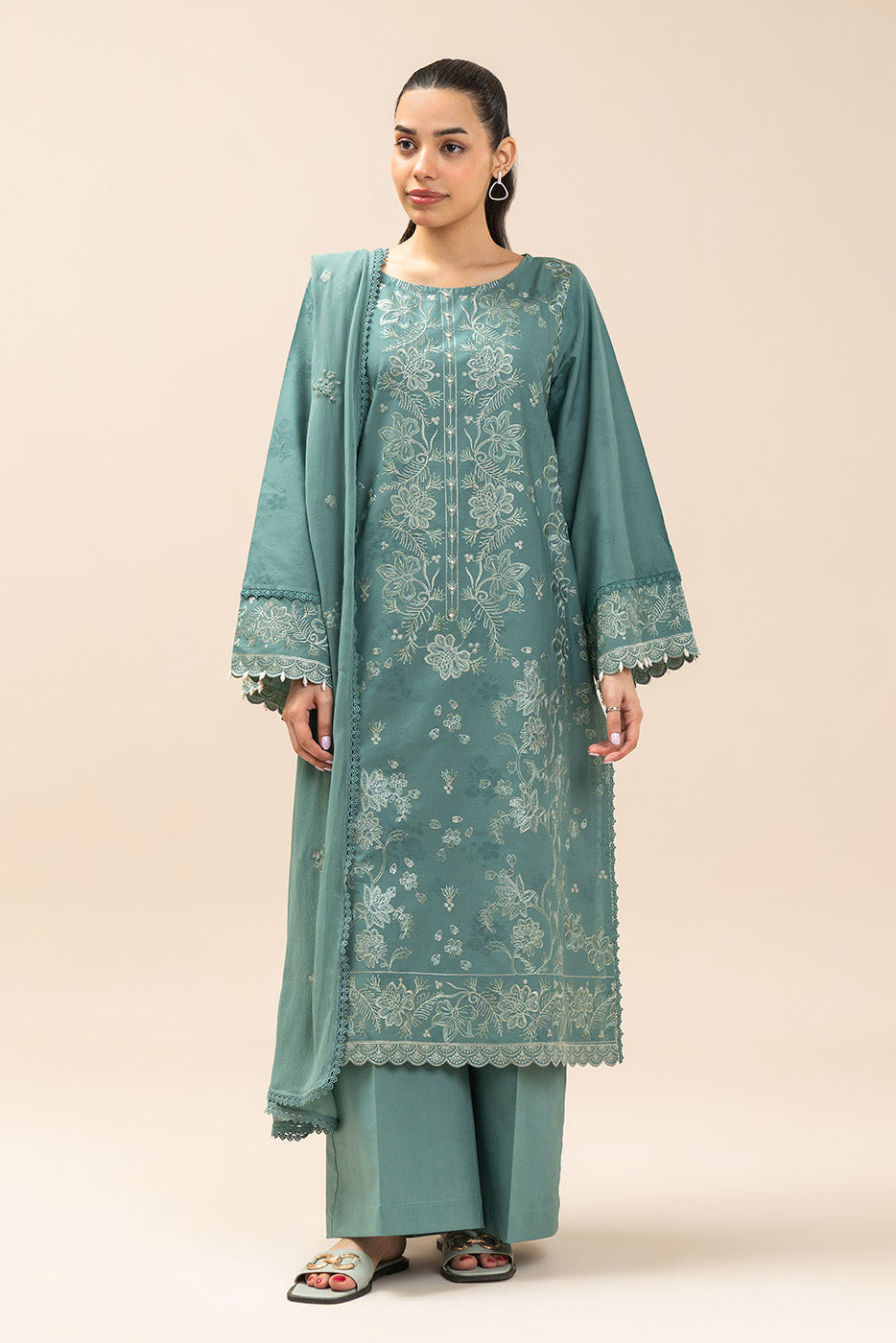 3 PIECE EMBROIDERED SELF JACQUARD SUIT-OCEAN SILVER (UNSTITCHED)