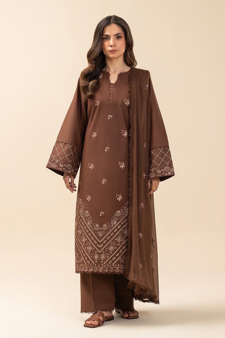 3 PIECE EMBROIDERED LAWN SUIT-MAHOGANY (UNSTITCHED)