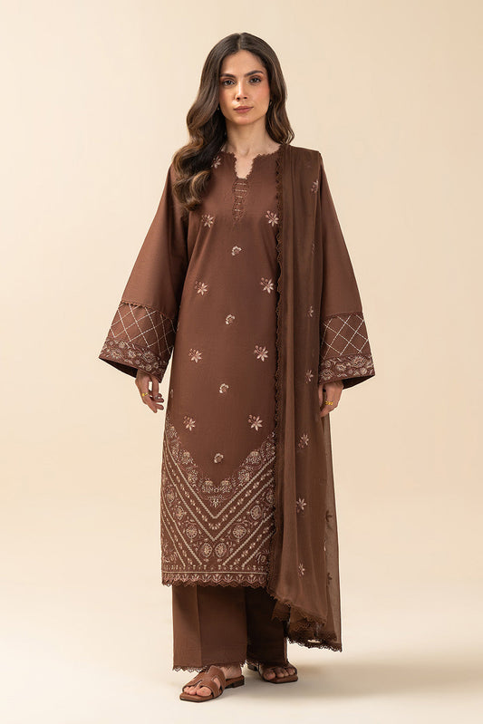 3 PIECE EMBROIDERED LAWN SUIT-MAHOGANY (UNSTITCHED)