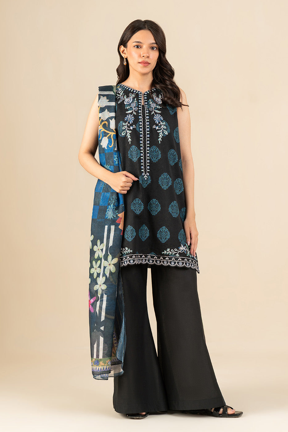 3 PIECE EMBROIDERED  REVERSE JACQUARD SUIT-EBONY FLORENCE (UNSTITCHED)