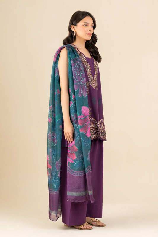 3 PIECE EMBROIDERED  REVERSE JACQUARD SUIT-PRYTHIAN PLUM (UNSTITCHED)