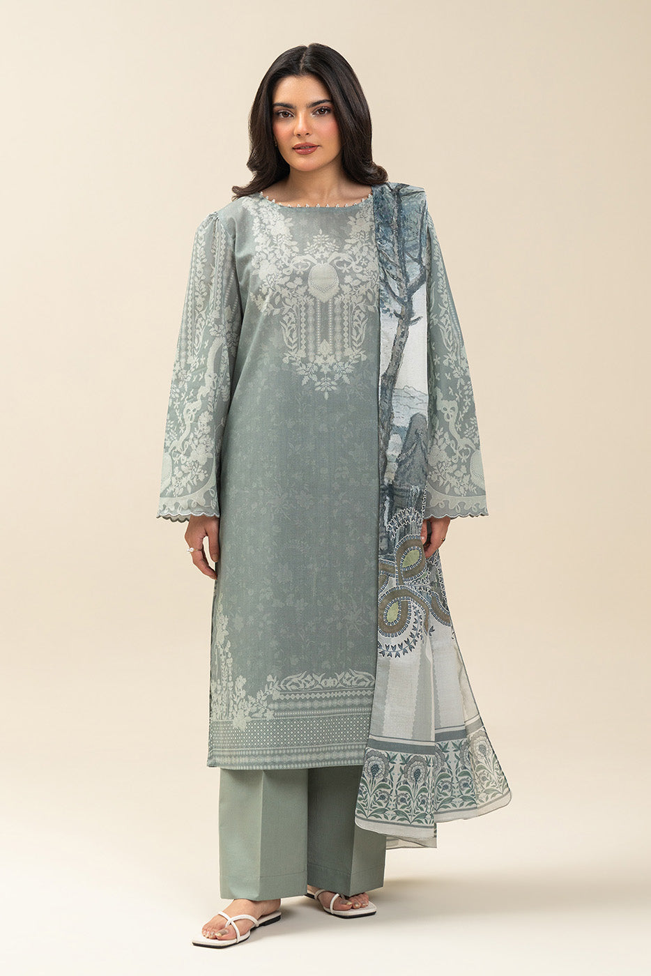 3 PIECE PRINTED LAWN SUIT-SAGE GIN (UNSTITCHED)