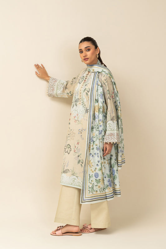 3 PIECE PRINTED LAWN SUIT-LEMON CRÈME (UNSTITCHED)