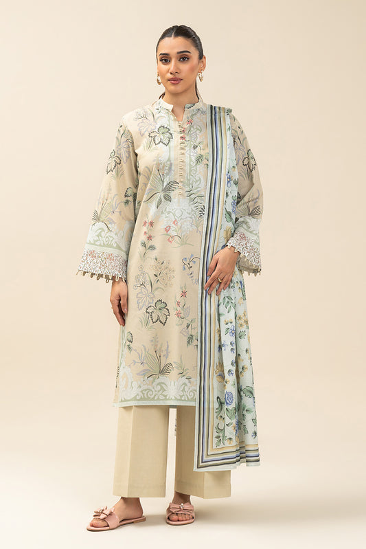 3 PIECE PRINTED LAWN SUIT-LEMON CRÈME (UNSTITCHED)