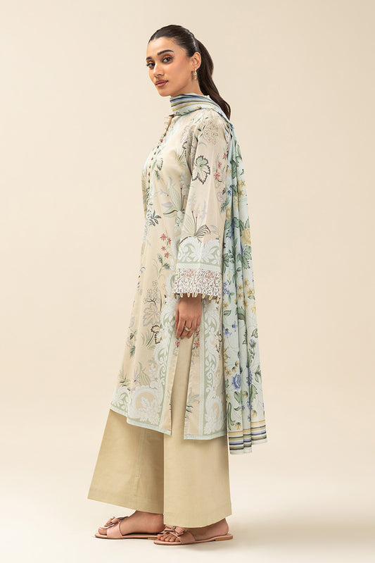 3 PIECE PRINTED LAWN SUIT-LEMON CRÈME (UNSTITCHED)