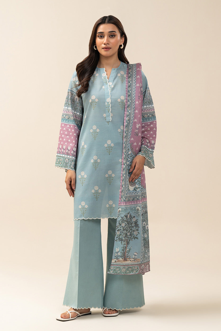 3 PIECE PRINTED LAWN SUIT-GLACIER BLUE (UNSTITCHED)