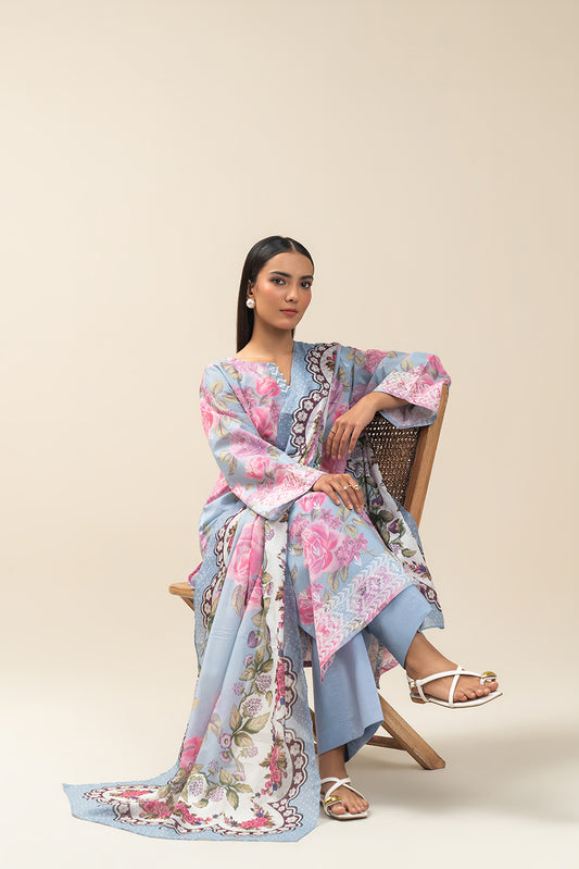 3 PIECE PRINTED LAWN SUIT-ROSETTE HEM (UNSTITCHED)