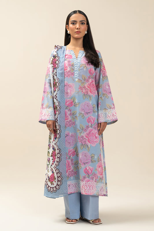 3 PIECE PRINTED LAWN SUIT-ROSETTE HEM (UNSTITCHED)