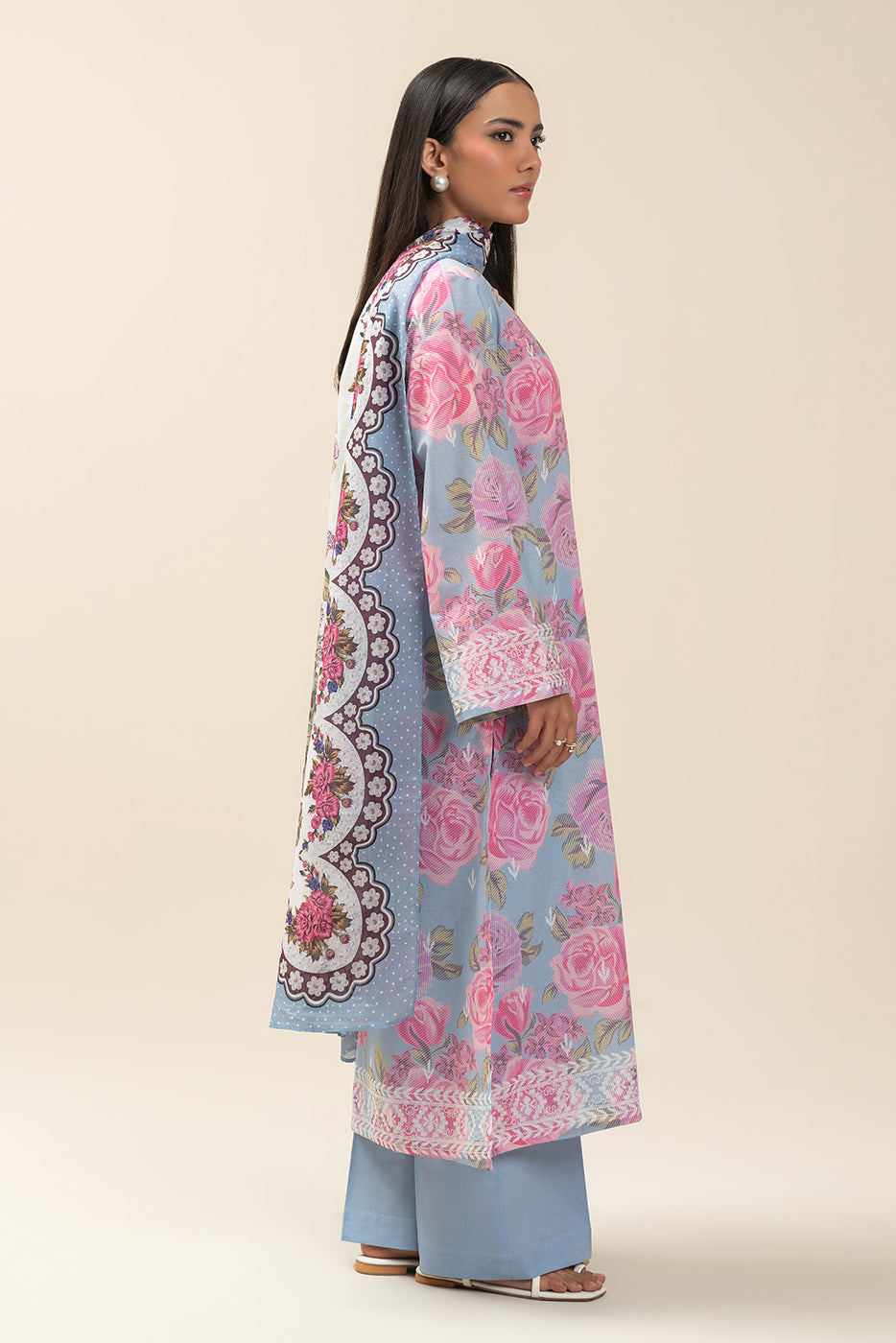 3 PIECE PRINTED LAWN SUIT-ROSETTE HEM (UNSTITCHED)