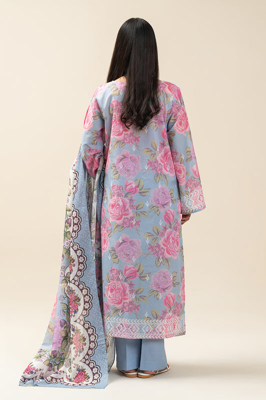3 PIECE PRINTED LAWN SUIT-ROSETTE HEM (UNSTITCHED)