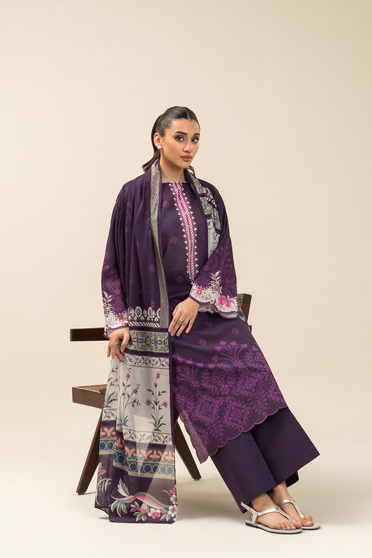 3 PIECE PRINTED LAWN SUIT-PLUM NOIR (UNSTITCHED)