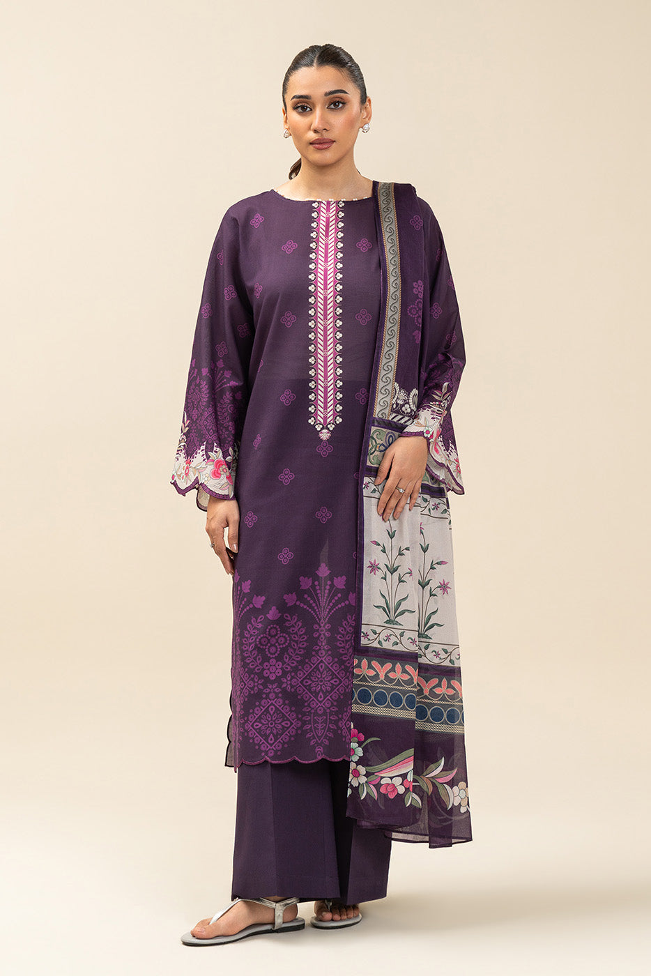 3 PIECE PRINTED LAWN SUIT-PLUM NOIR (UNSTITCHED)