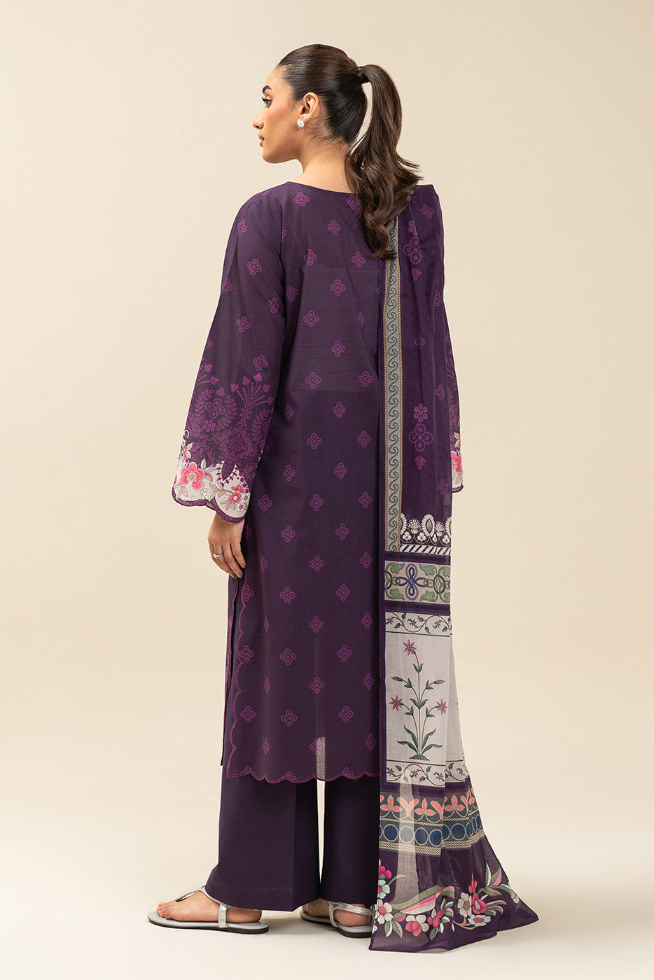 3 PIECE PRINTED LAWN SUIT-PLUM NOIR (UNSTITCHED)