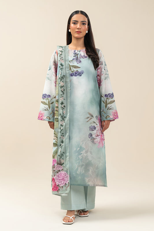 3 PIECE PRINTED LAWN SUIT-MINTY BREEZE (UNSTITCHED)