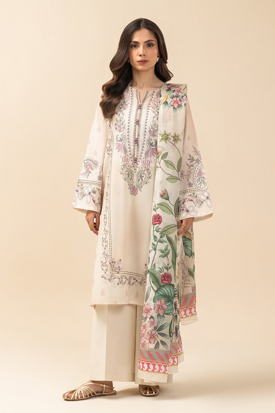 3 PIECE PRINTED LAWN SUIT-IVORY WHISPER (UNSTITCHED)