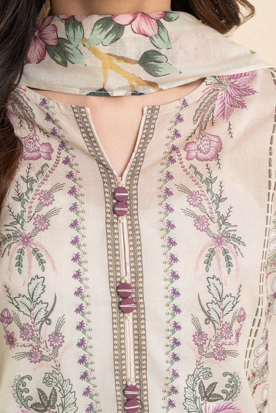 3 PIECE PRINTED LAWN SUIT-IVORY WHISPER (UNSTITCHED)