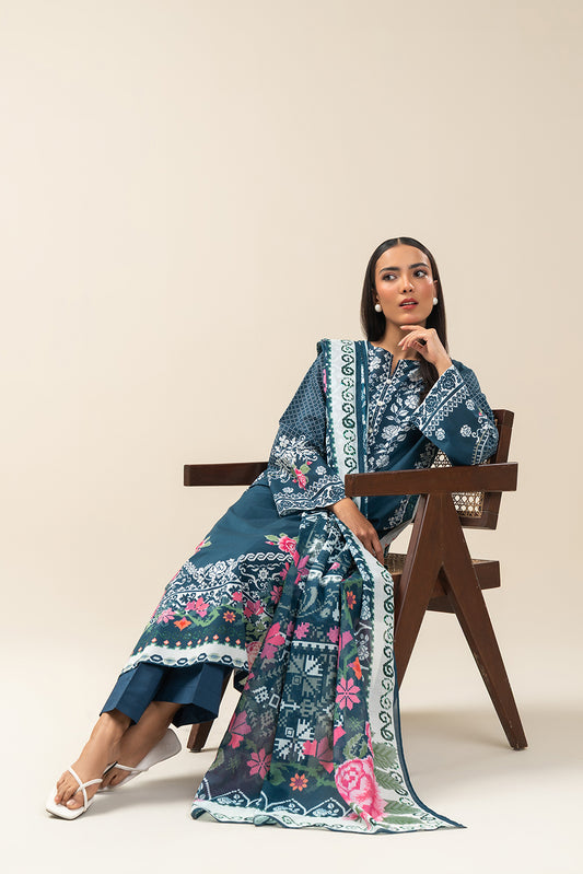 3 PIECE PRINTED LAWN SUIT-AEGEAN BLUE (UNSTITCHED)