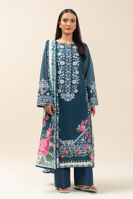 3 PIECE PRINTED LAWN SUIT-AEGEAN BLUE (UNSTITCHED)
