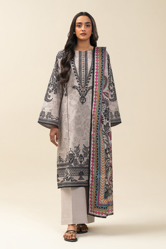 3 PIECE PRINTED LAWN SUIT-DAMASK DECOR (UNSTITCHED)