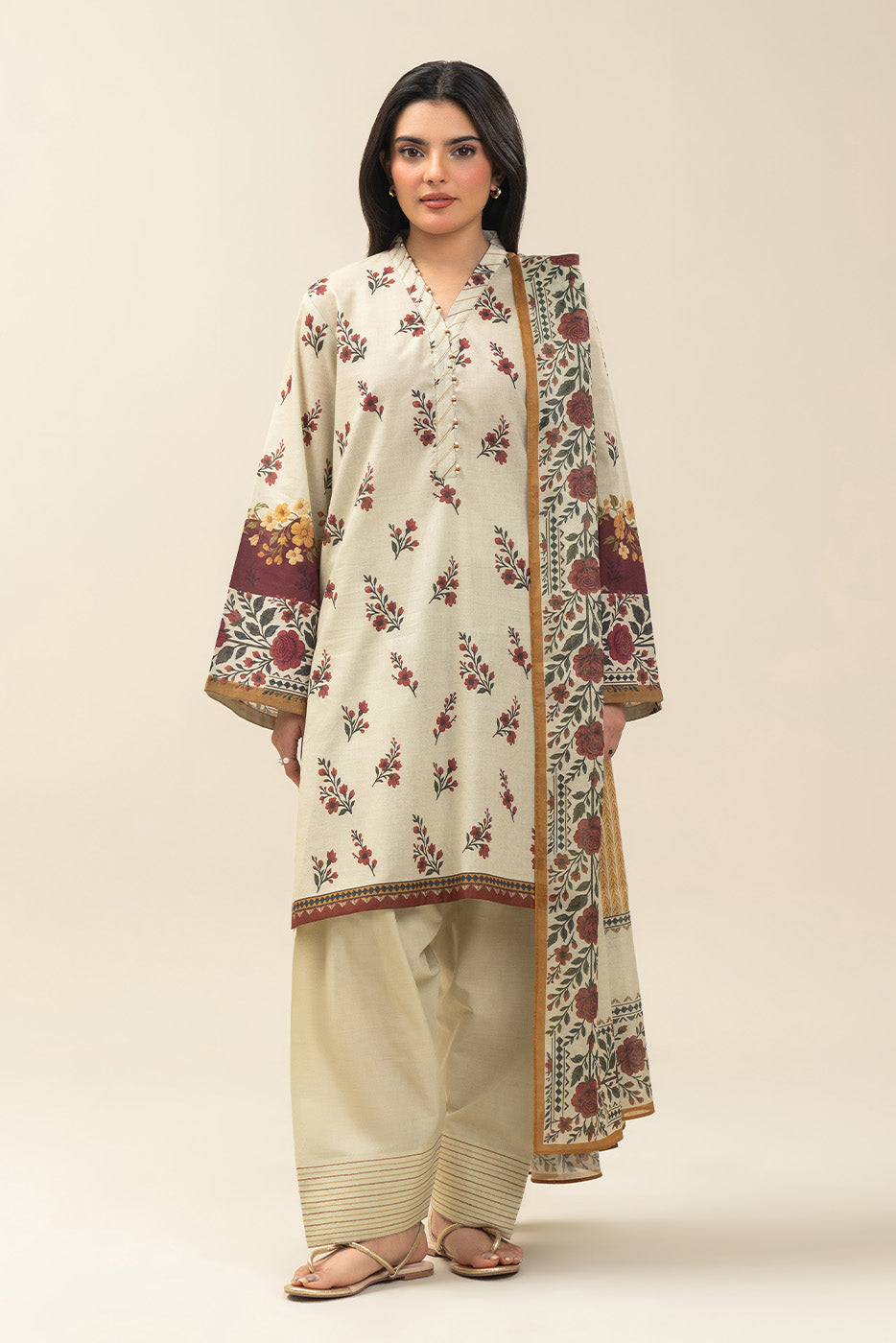 3 PIECE PRINTED LAWN SUIT-SMOKE ROSE (UNSTITCHED)