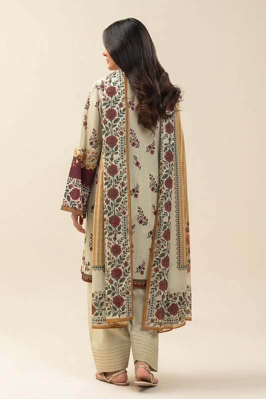3 PIECE PRINTED LAWN SUIT-SMOKE ROSE (UNSTITCHED)