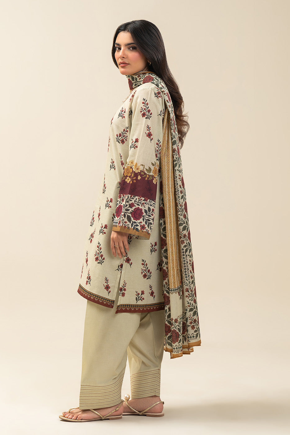 3 PIECE PRINTED LAWN SUIT-SMOKE ROSE (UNSTITCHED)