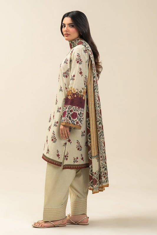 3 PIECE PRINTED LAWN SUIT-SMOKE ROSE (UNSTITCHED)