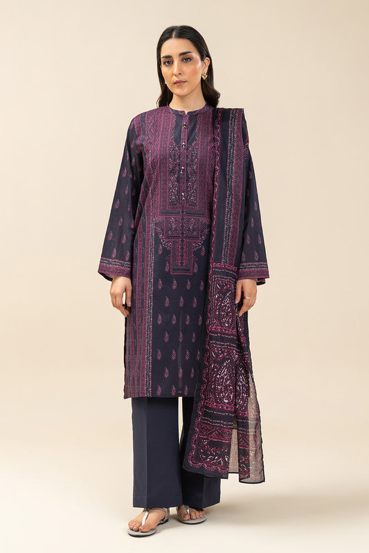 3 PIECE PRINTED LAWN SUIT-RETRO BLUE (UNSTITCHED)