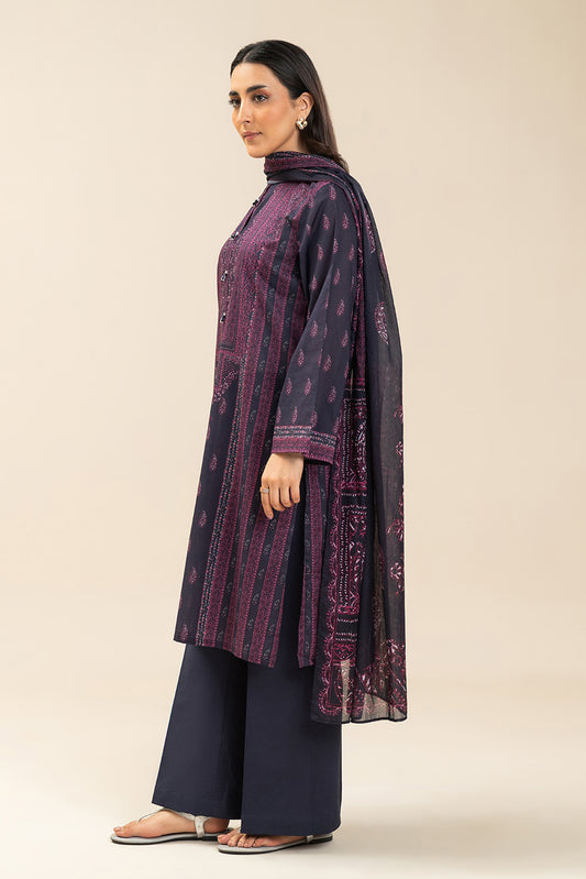 3 PIECE PRINTED LAWN SUIT-RETRO BLUE (UNSTITCHED)