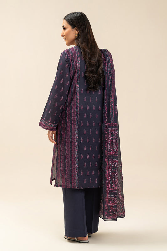 3 PIECE PRINTED LAWN SUIT-RETRO BLUE (UNSTITCHED)