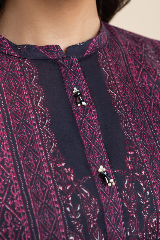 3 PIECE PRINTED LAWN SUIT-RETRO BLUE (UNSTITCHED)