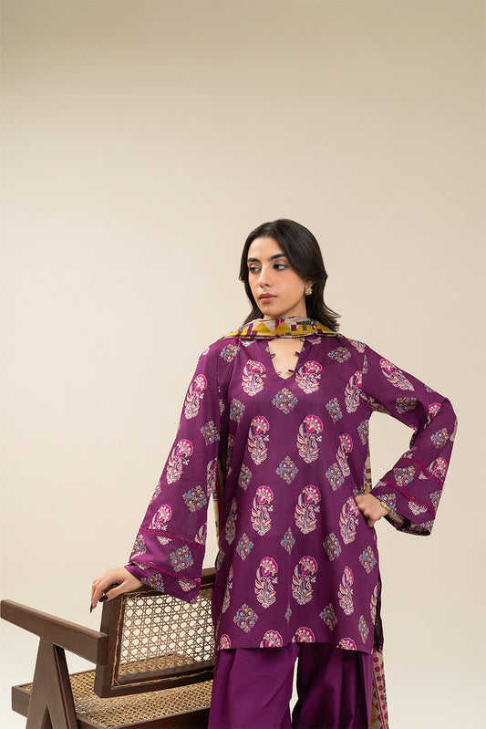 3 PIECE PRINTED LAWN SUIT-PLUM WHISPER (UNSTITCHED)