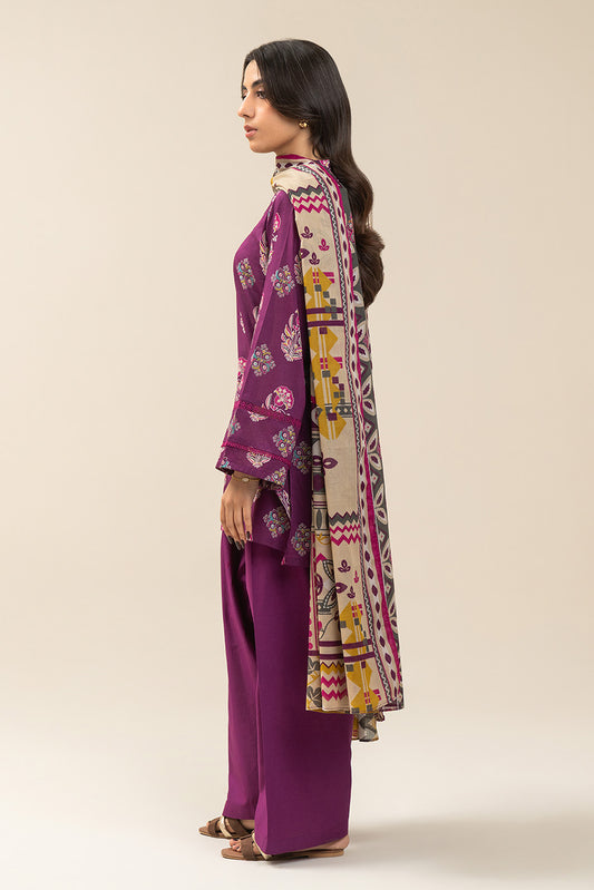 3 PIECE PRINTED LAWN SUIT-PLUM WHISPER (UNSTITCHED)