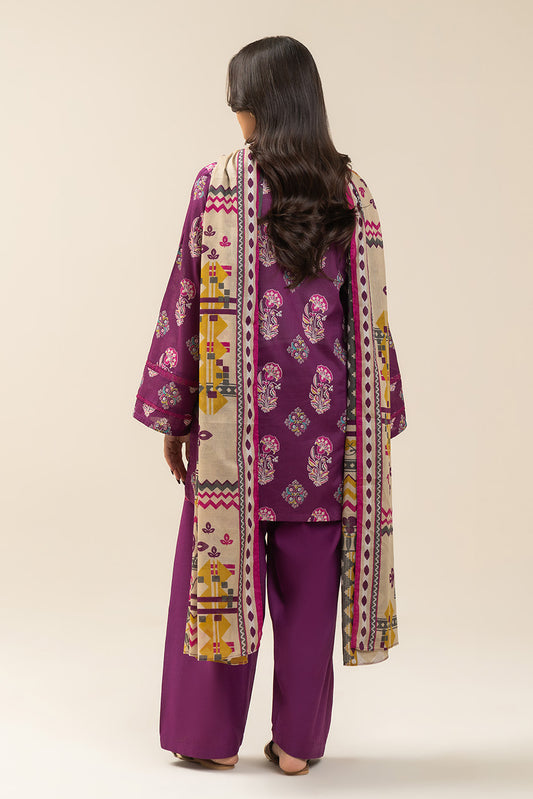 3 PIECE PRINTED LAWN SUIT-PLUM WHISPER (UNSTITCHED)