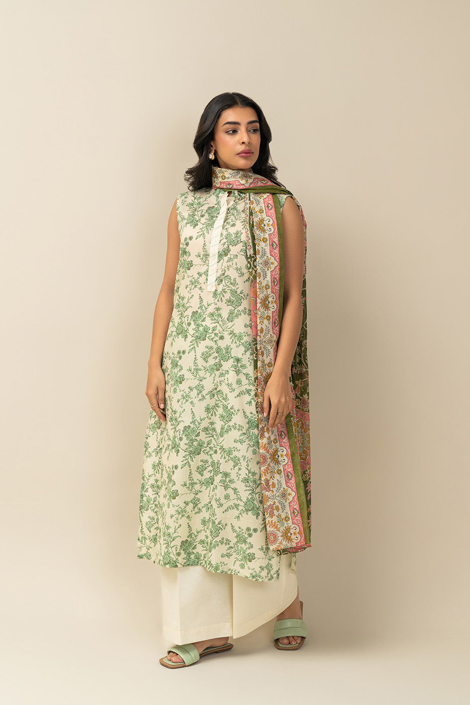 3 PIECE PRINTED LAWN SUIT-SEA MIST (UNSTITCHED)