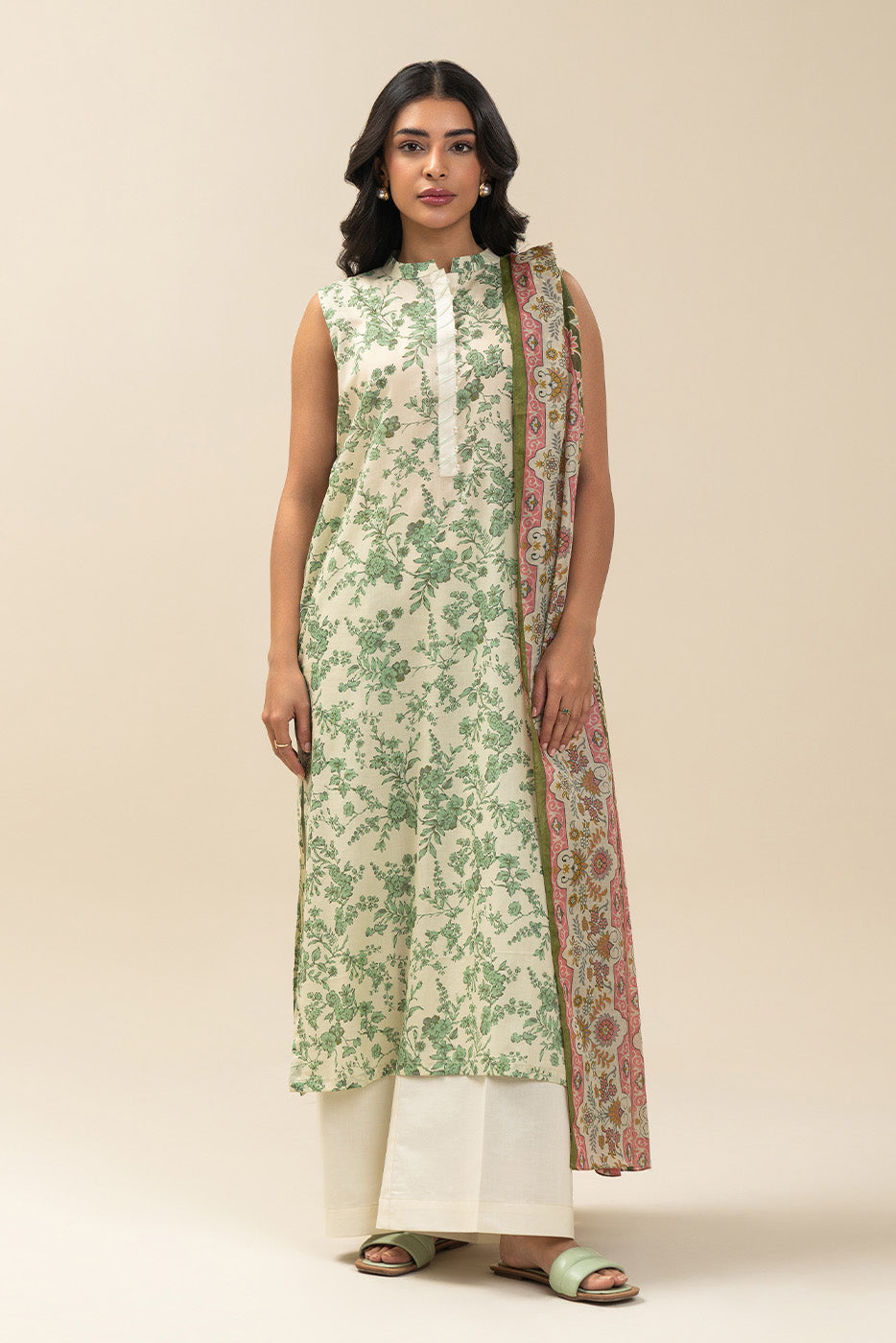 3 PIECE PRINTED LAWN SUIT-SEA MIST (UNSTITCHED)