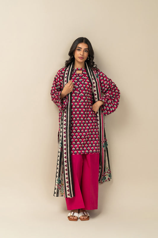3 PIECE PRINTED LAWN SUIT-PINK COSMOS (UNSTITCHED)