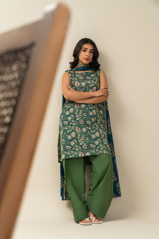 3 PIECE PRINTED LAWN SUIT-AQUA SERENITY (UNSTITCHED)