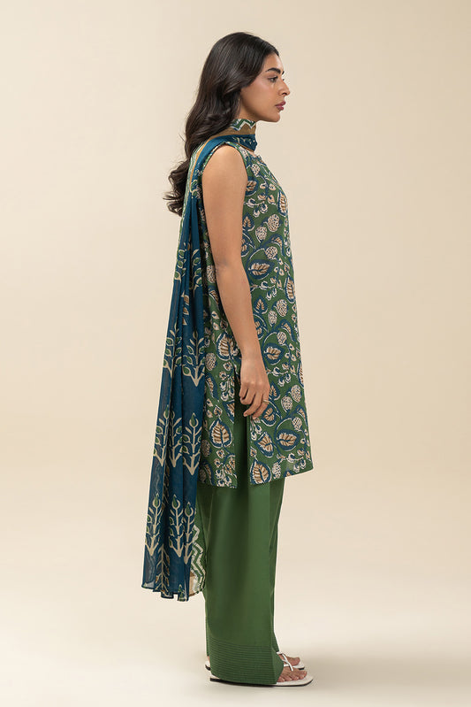 3 PIECE PRINTED LAWN SUIT-AQUA SERENITY (UNSTITCHED)