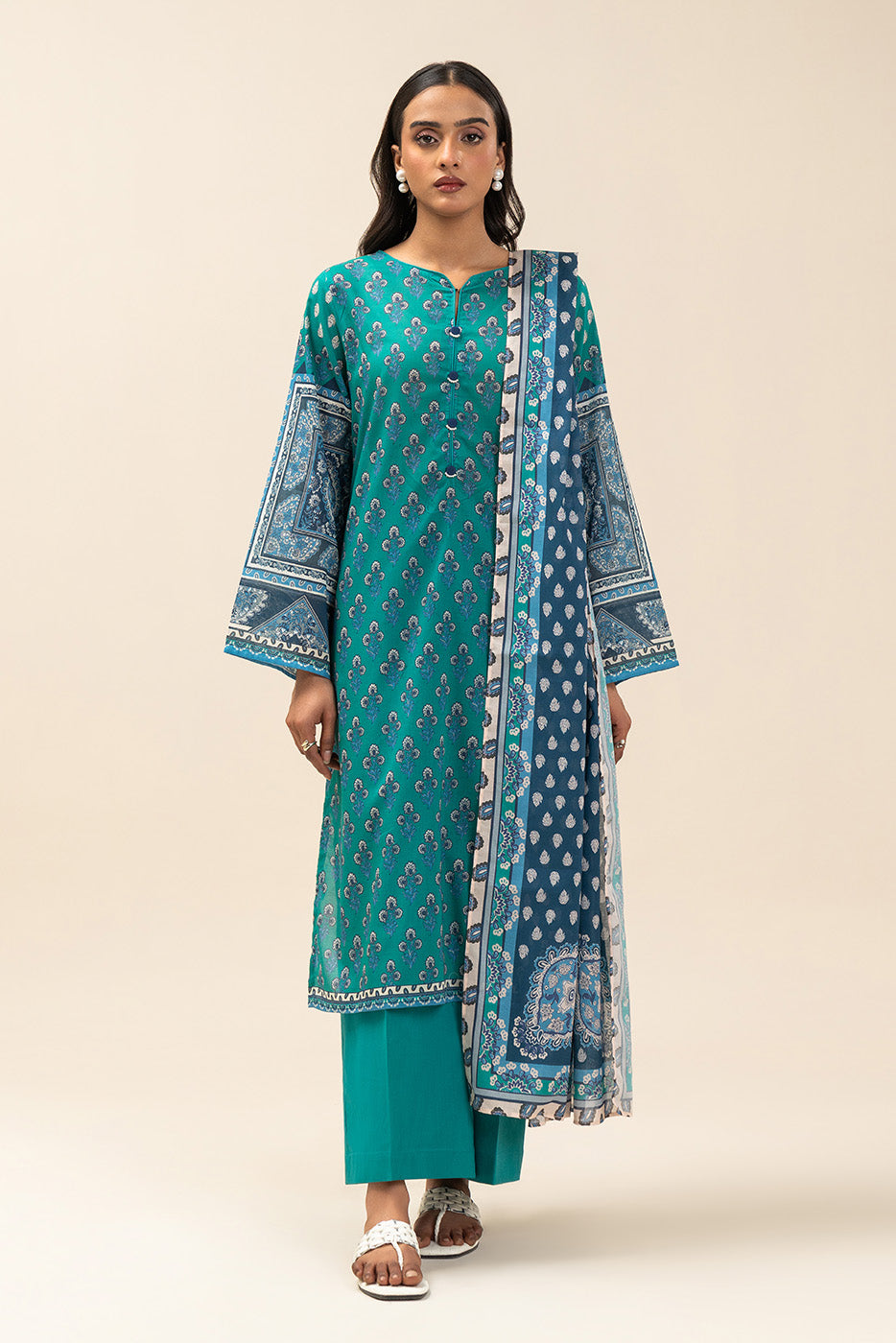 3 PIECE PRINTED LAWN SUIT-GYPSY TEAL (UNSTITCHED)