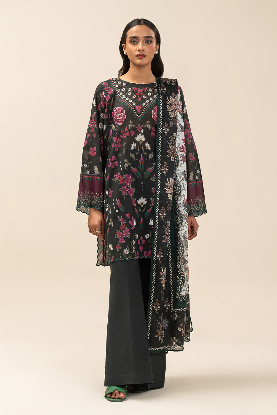 3 PIECE PRINTED LAWN SUIT-BOTANICAL SPRAY (UNSTITCHED)