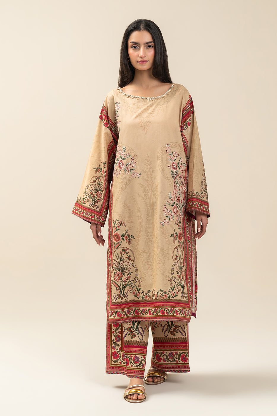 2 PIECE EMBROIDERED LAWN SUIT-SAND PUFF (UNSTITCHED)