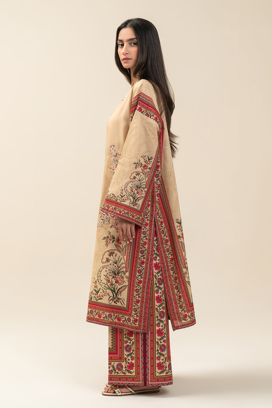 2 PIECE EMBROIDERED LAWN SUIT-SAND PUFF (UNSTITCHED)